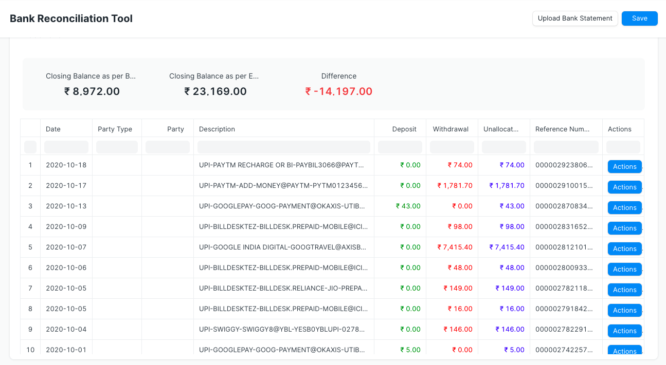 Bank Reconciliation Screen