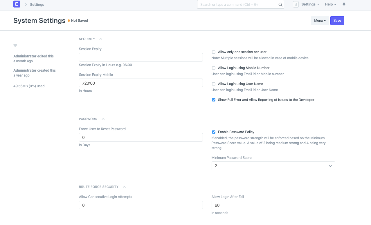 Frappe/ERPNext Secutiry Settings