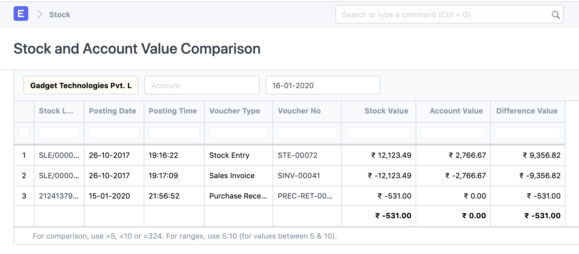 Stock account value compare