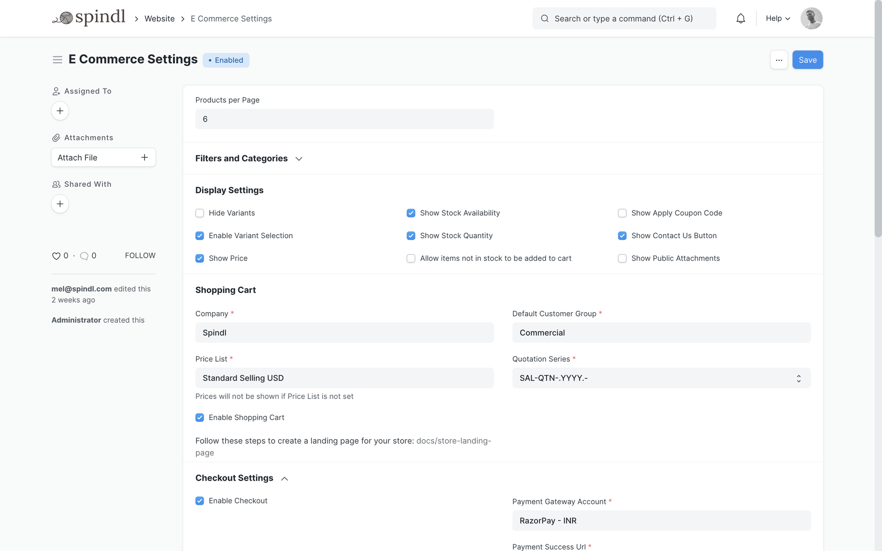 Shopping Cart Settings